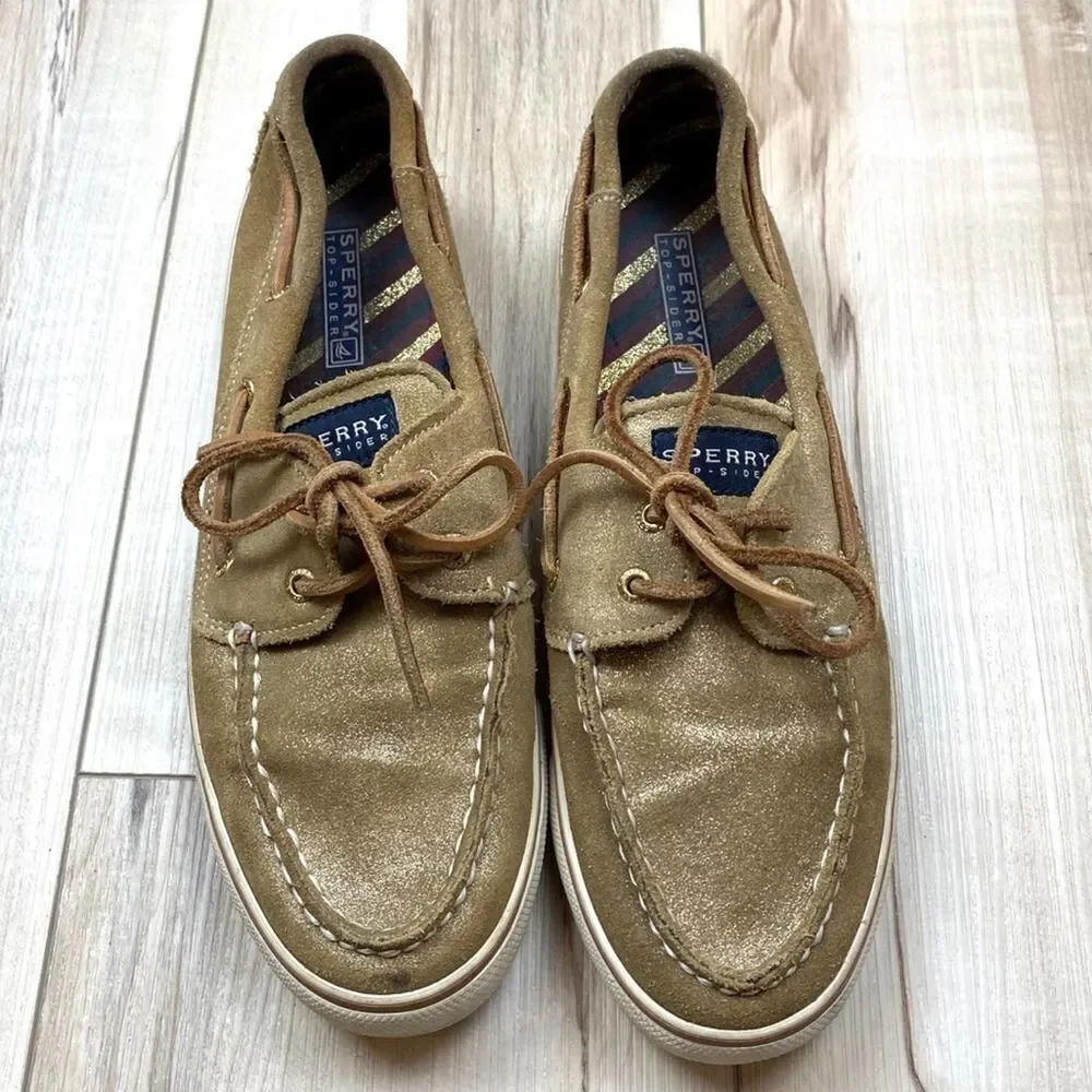 Sperry Top Slider Boat Tan Gold Metallic 9.5 - Picture 1 of 6